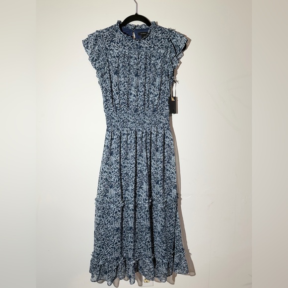 Halogen Dresses & Skirts - Halogen Navy Blue Floral Smocked Midi Dress Ruffle Sleeve Sz S Cottagecore